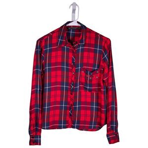 Zara Women's Shirt Button Up Red Blue Plaid Long Sleeve Blouse Crop Top Medium